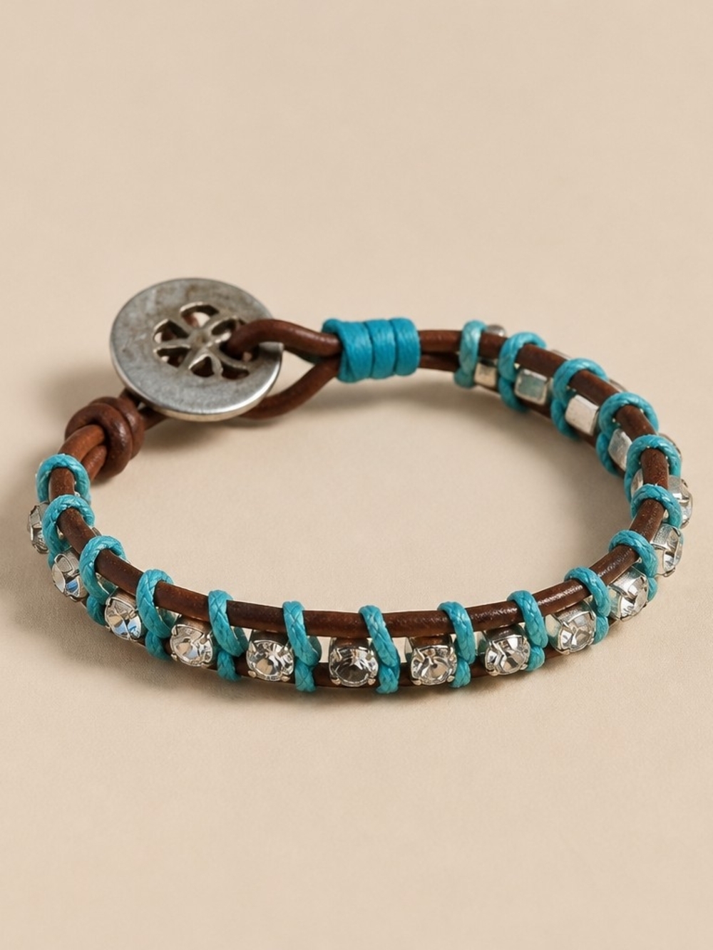 Turquoise Leather Wrap Bracelet with Crystal Accents